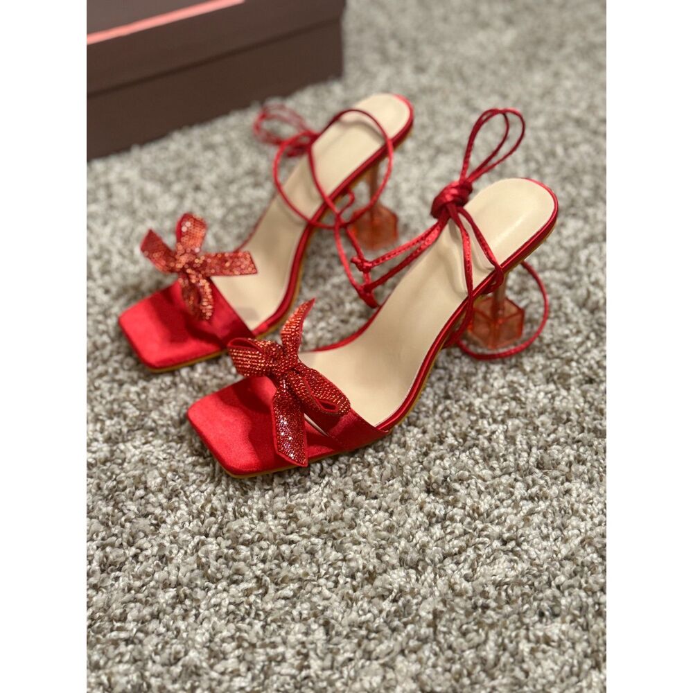 Red Satin Rhinestone Bow Lace-Up Clear Block Heel Sandals
